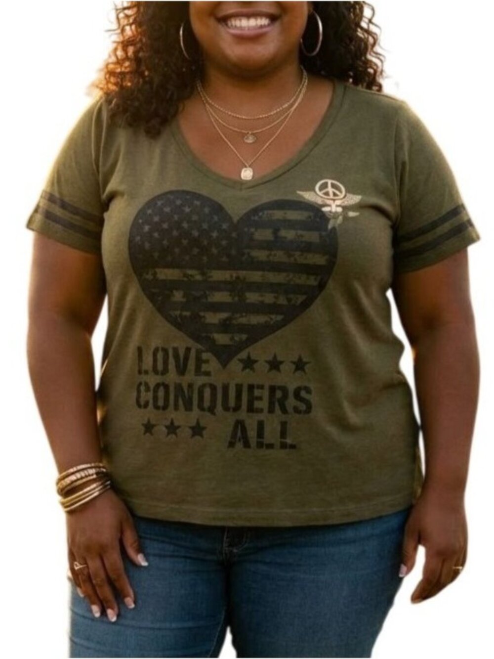 Fifth Sun Size XL Top Love Conquers All Heart Graphic Tee Shirt Olive Green